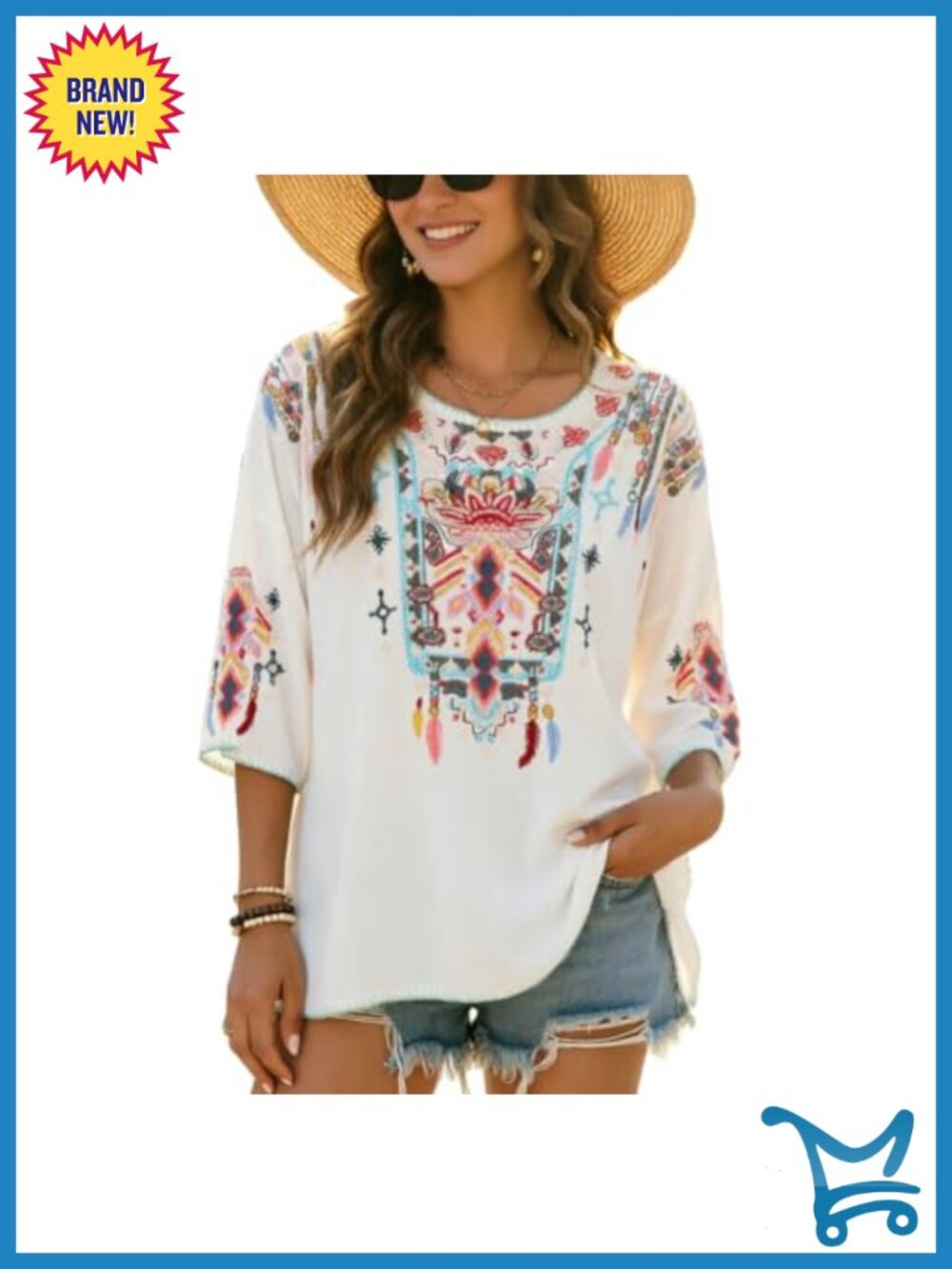 Womens Embroidered Peasant Tunic Top Boho Floral 3/4 Sleeve Loose Fit